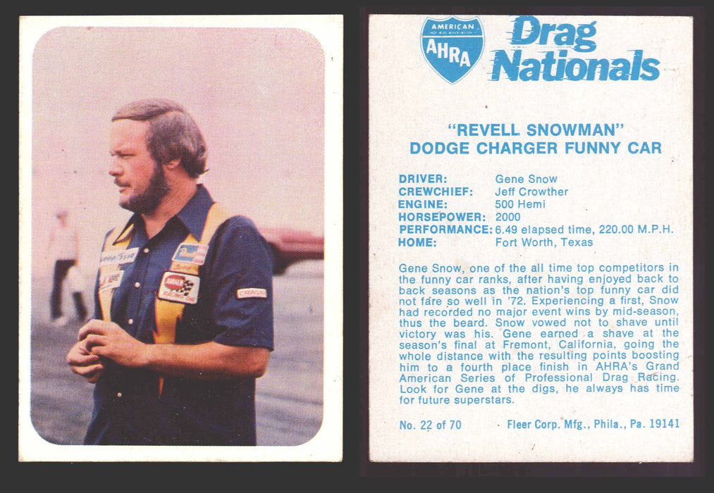 AHRA Drag Nationals 1971 Fleer USA White Trading Cards You Pick Singles #1-70 22 of 70   "Revell Snowman"                Dodge Charger Funny Car  - TvMovieCards.com