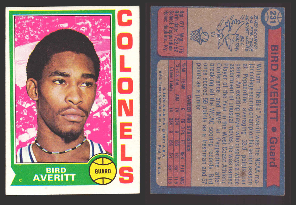 1974-75 Topps Basketball Trading Card You Pick Singles #200-#264 VG/EX #	231 Bird Averitt - Kentucky Colonels  - TvMovieCards.com