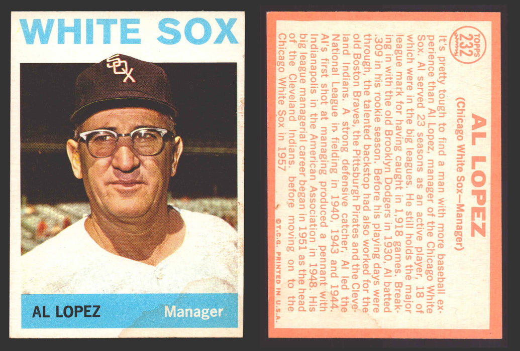 1964 Topps Baseball Trading Card You Pick Singles #200-#299 VG/EX #	232 Al Lopez - Chicago White Sox  - TvMovieCards.com