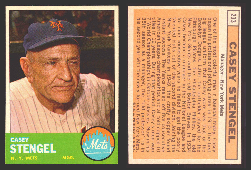 1963 Topps Baseball Trading Card You Pick Singles #200-#299 VG/EX #	233 Casey Stengel - New York Mets  - TvMovieCards.com