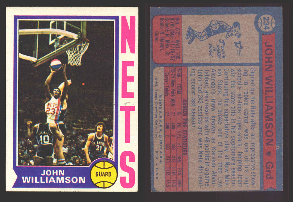 1974-75 Topps Basketball Trading Card You Pick Singles #200-#264 VG/EX #	234 John Williamson - New York Nets RC  - TvMovieCards.com