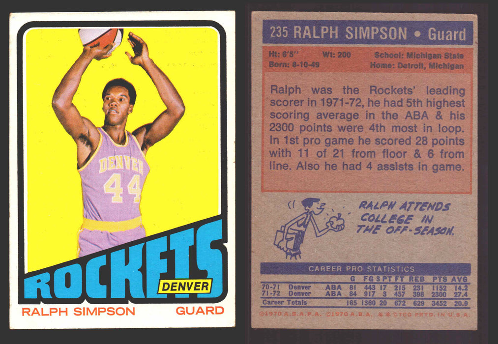 1971-72 Topps Basketball Trading Card You Pick Singles #1-#253 VG/EX #	235 Ralph Simpson - Denver Rockets  - TvMovieCards.com