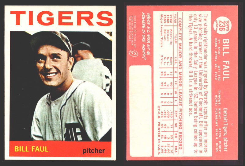 1964 Topps Baseball Trading Card You Pick Singles #200-#299 VG/EX #	236 Bill Faul - Detroit Tigers  - TvMovieCards.com
