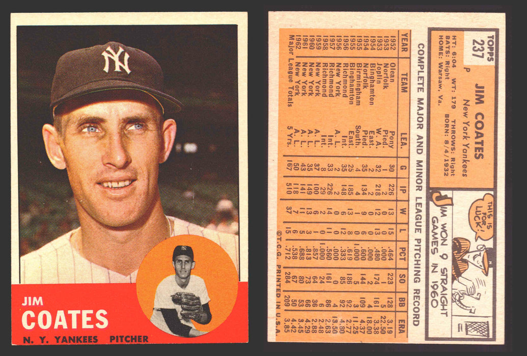 1963 Topps Baseball Trading Card You Pick Singles #200-#299 VG/EX #	237 Jim Coates - New York Yankees  - TvMovieCards.com