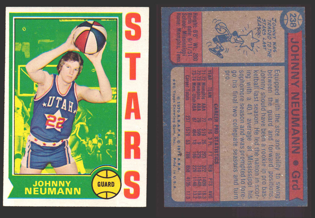 1974-75 Topps Basketball Trading Card You Pick Singles #200-#264 VG/EX #	238 Johnny Neumann - Utah Stars  - TvMovieCards.com