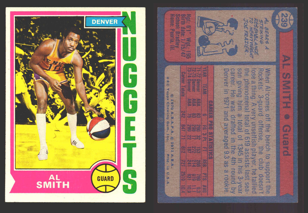 1974-75 Topps Basketball Trading Card You Pick Singles #200-#264 VG/EX #	239 Al Smith - Denver Nuggets  - TvMovieCards.com