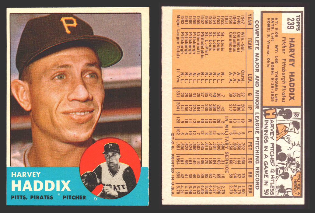 1963 Topps Baseball Trading Card You Pick Singles #200-#299 VG/EX #	239 Harvey Haddix - Pittsburgh Pirates  - TvMovieCards.com
