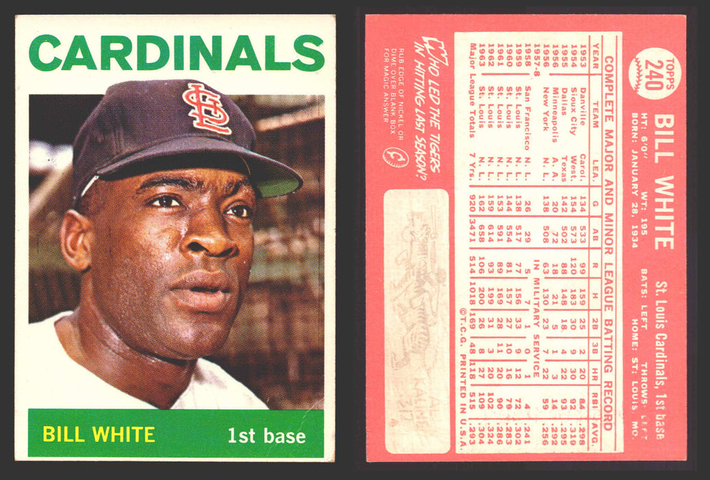 1964 Topps Baseball Trading Card You Pick Singles #200-#299 VG/EX #	240 Bill White - St. Louis Cardinals  - TvMovieCards.com