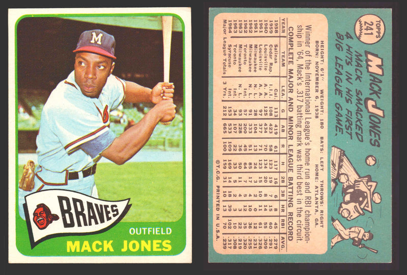 1965 Topps Baseball Trading Card You Pick Singles #200-#299 VG/EX #	241 Mack Jones - Milwaukee Braves  - TvMovieCards.com