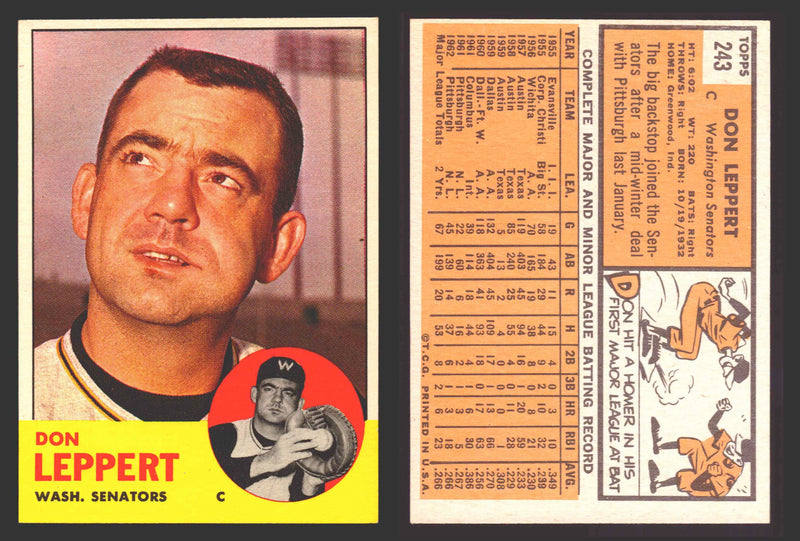 1963 Topps Baseball Trading Card You Pick Singles #200-#299 VG/EX #	243 Don Leppert - Washington Senators  - TvMovieCards.com