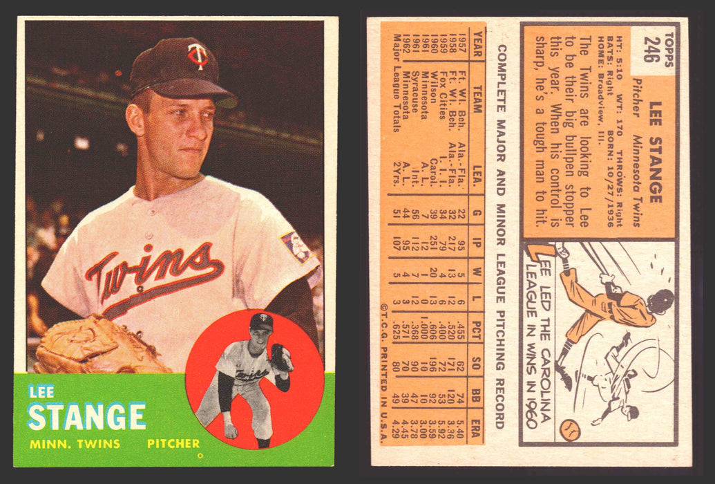 1963 Topps Baseball Trading Card You Pick Singles #200-#299 VG/EX #	246 Lee Stange - Minnesota Twins  - TvMovieCards.com