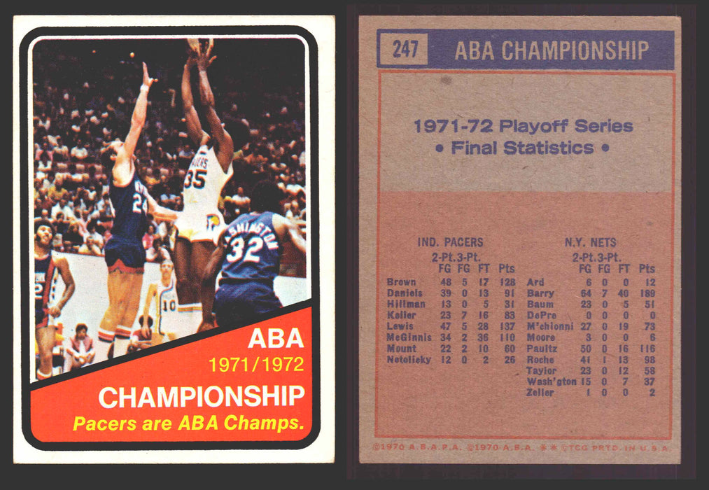 1971-72 Topps Basketball Trading Card You Pick Singles #1-#253 VG/EX #	247 ABA Champs: Indiana Pacers  - TvMovieCards.com