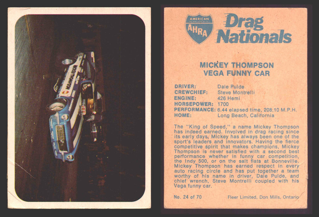 AHRA Drag Nationals 1971 Fleer Canada Trading Cards You Pick Singles #1-70 24 of 70   Mickey Thompson                 Vega Funny Car  - TvMovieCards.com