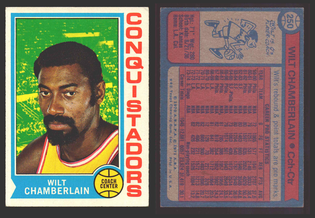 1974-75 Topps Basketball Trading Card You Pick Singles #200-#264 VG/EX #	250 Wilt Chamberlain - San Diego Conquistadors  - TvMovieCards.com