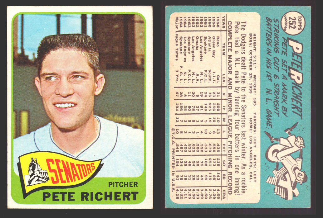 1965 Topps Baseball Trading Card You Pick Singles #200-#299 VG/EX #	252 Pete Richert - Washington Senators  - TvMovieCards.com