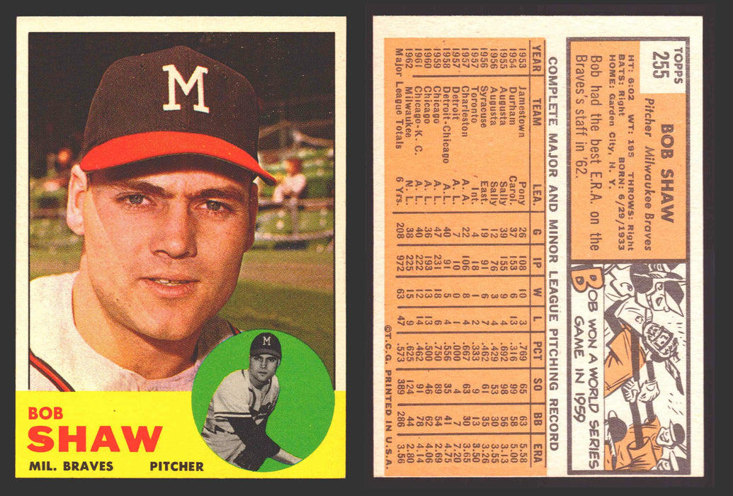 1963 Topps Baseball Trading Card You Pick Singles #200-#299 VG/EX #	255 Bob Shaw - Milwaukee Braves  - TvMovieCards.com