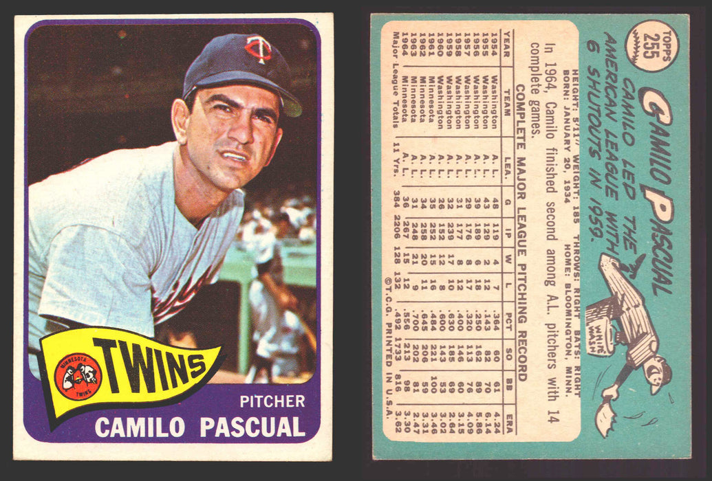 1965 Topps Baseball Trading Card You Pick Singles #200-#299 VG/EX #	255 Camilo Pascual - Minnesota Twins  - TvMovieCards.com