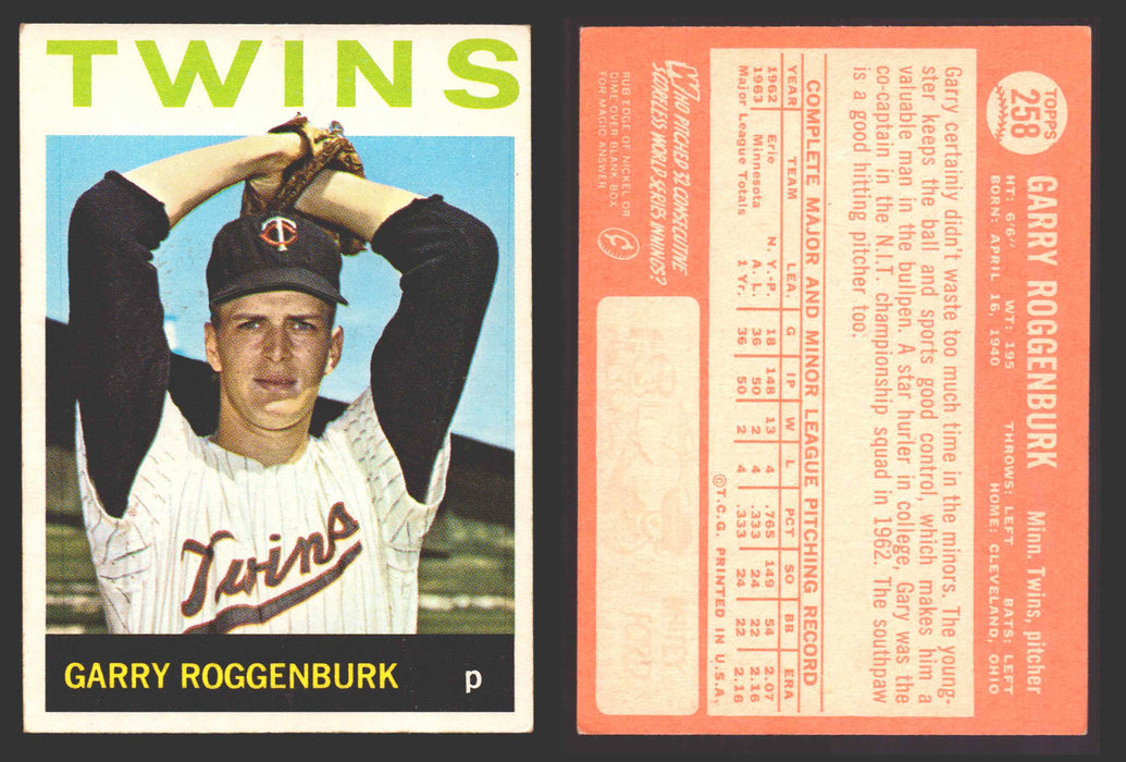 1964 Topps Baseball Trading Card You Pick Singles #200-#299 VG/EX #	258 Garry Roggenburk - Minnesota Twins  - TvMovieCards.com