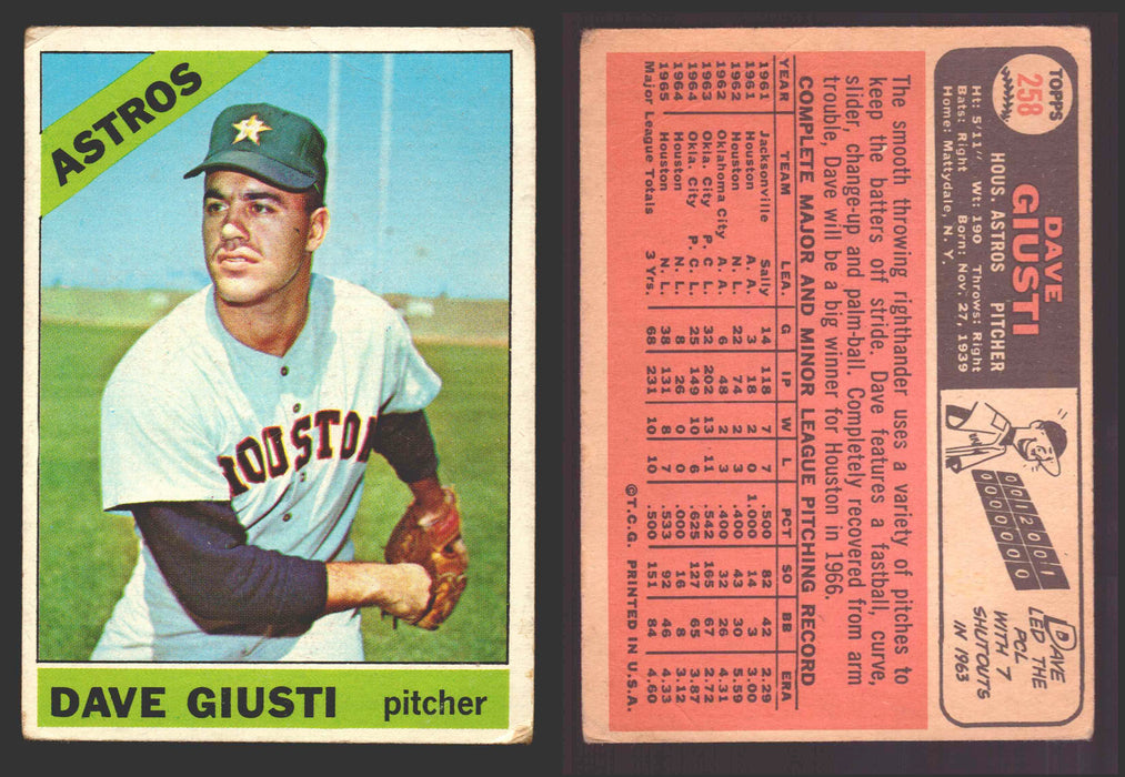 1966 Topps Baseball Trading Card You Pick Singles #100-#399 VG/EX #	258 Dave Giusti - Houston Astros (creased)  - TvMovieCards.com