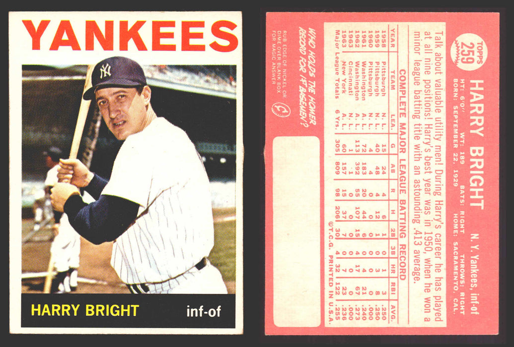 1964 Topps Baseball Trading Card You Pick Singles #200-#299 VG/EX #	259 Harry Bright - New York Yankees  - TvMovieCards.com