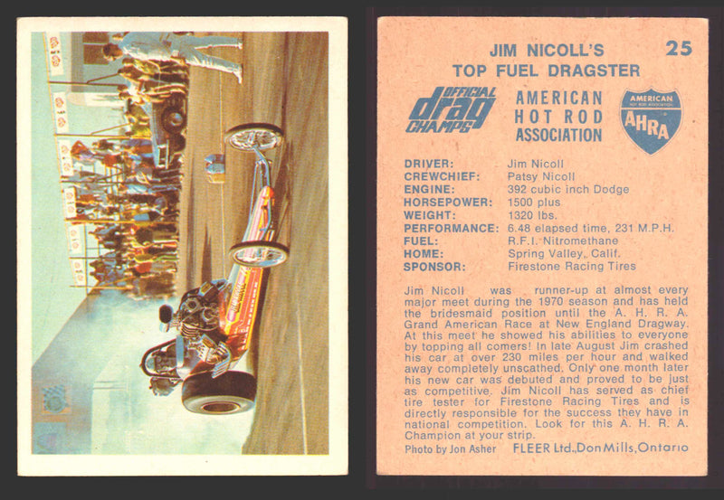 AHRA Official Drag Champs 1971 Fleer Canada Trading Cards You Pick Singles #1-63 25   Jim Nicoll's                                     Top Fuel Dragster  - TvMovieCards.com