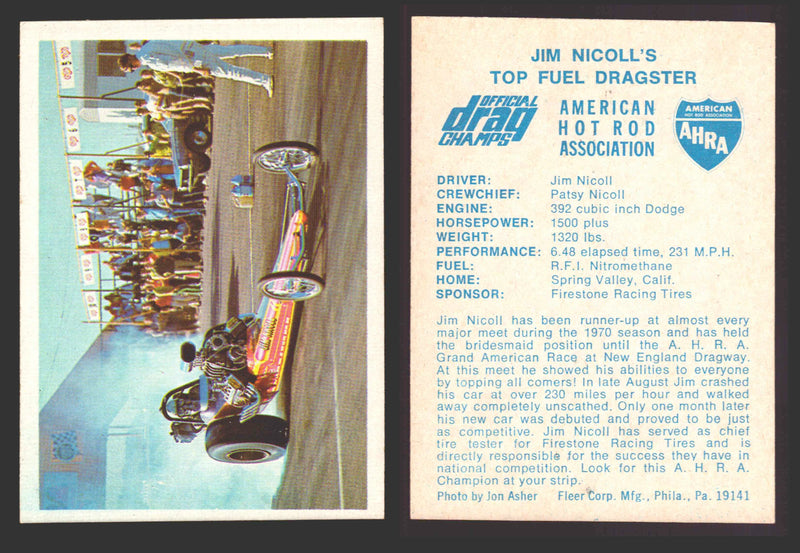 AHRA Official Drag Champs 1971 Fleer Vintage Trading Cards You Pick Singles #1-6 25 Jim Nicoll's Top Fuel Dragster - TvMovieCards.com