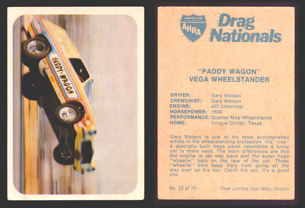 AHRA Drag Nationals 1971 Fleer Canada Trading Cards You Pick Singles #1-70 25 of 70   "Paddy Wagon"                   Vega Wheelstander  - TvMovieCards.com