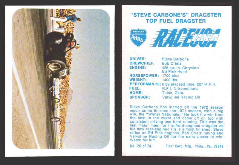 Race USA AHRA Drag Champs 1973 Fleer Vintage Trading Cards You Pick Singles 26 of 74   "Steve Carbone's" Dragster  - TvMovieCards.com