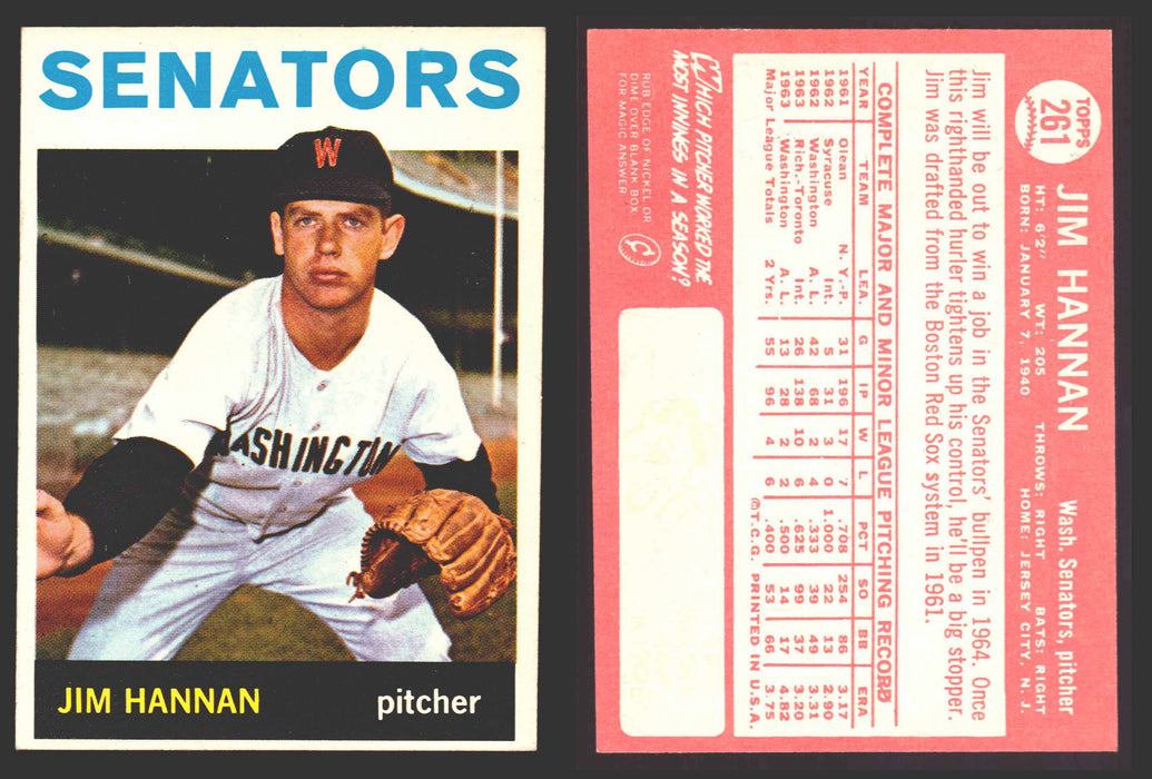 1964 Topps Baseball Trading Card You Pick Singles #200-#299 VG/EX #	261 Jim Hannan - Washington Senators  - TvMovieCards.com