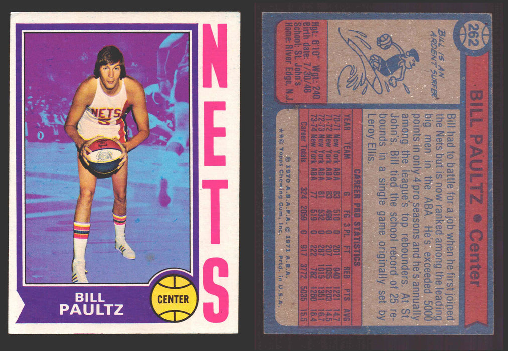 1974-75 Topps Basketball Trading Card You Pick Singles #200-#264 VG/EX #	262 Billy Paultz - New York Nets  - TvMovieCards.com