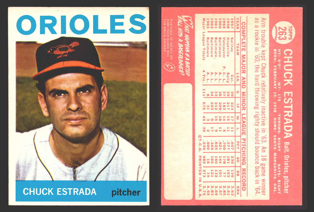 1964 Topps Baseball Trading Card You Pick Singles #200-#299 VG/EX #	263 Chuck Estrada - Baltimore Orioles  - TvMovieCards.com