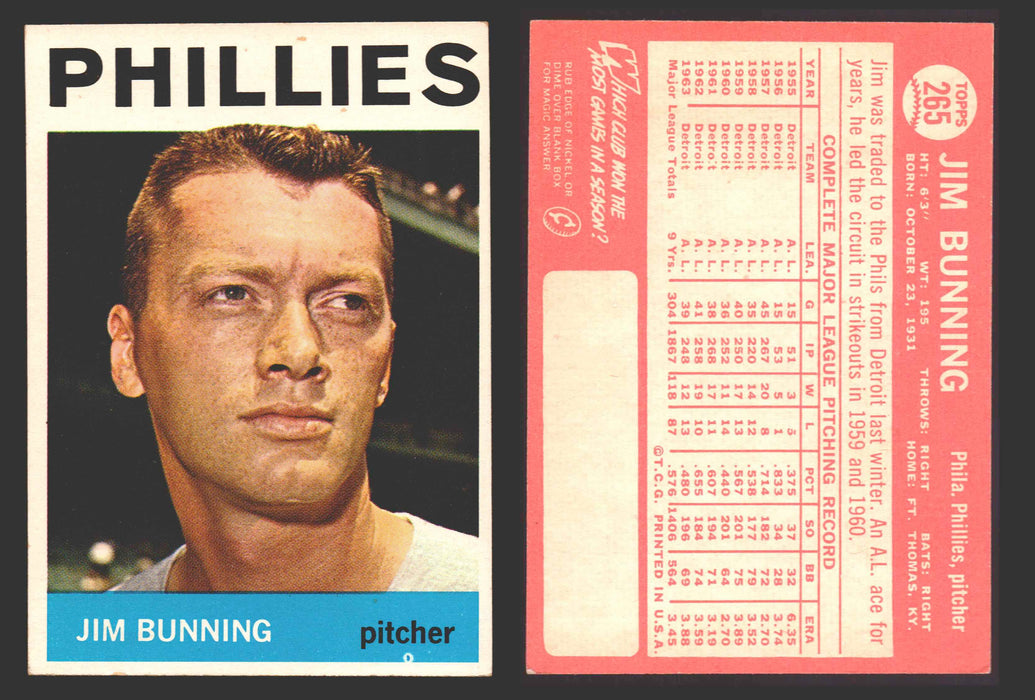 1964 Topps Baseball Trading Card You Pick Singles #200-#299 VG/EX #	265 Jim Bunning - Philadelphia Phillies  - TvMovieCards.com