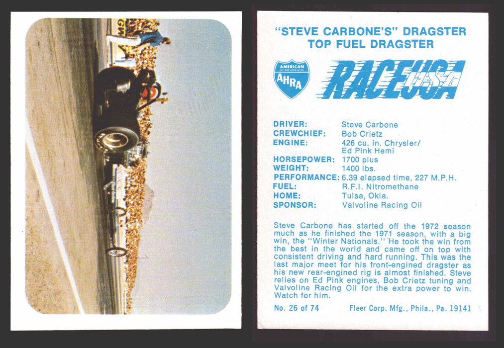 Race USA AHRA Drag Champs 1973 Fleer Vintage Trading Cards You Pick Singles 26 of 74   "Steve Carbone's" Dragster  - TvMovieCards.com