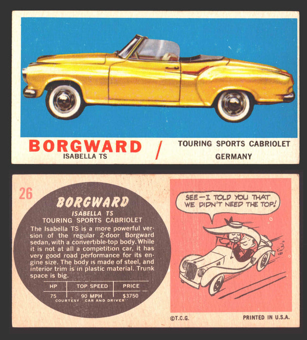 1961 Topps Sports Cars (White Back) Vintage Trading Cards #1-#66 You Pick Singles #26 Borgward Isabella TS  - TvMovieCards.com
