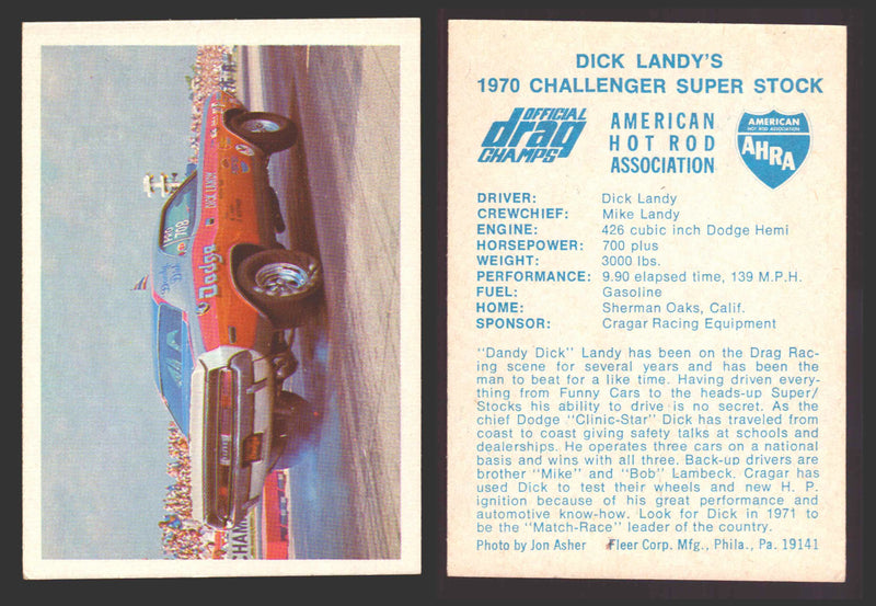 AHRA Official Drag Champs 1971 Fleer Vintage Trading Cards You Pick Singles #1-6 26 Dick Landy's 1970 Challenger Super Stock - TvMovieCards.com