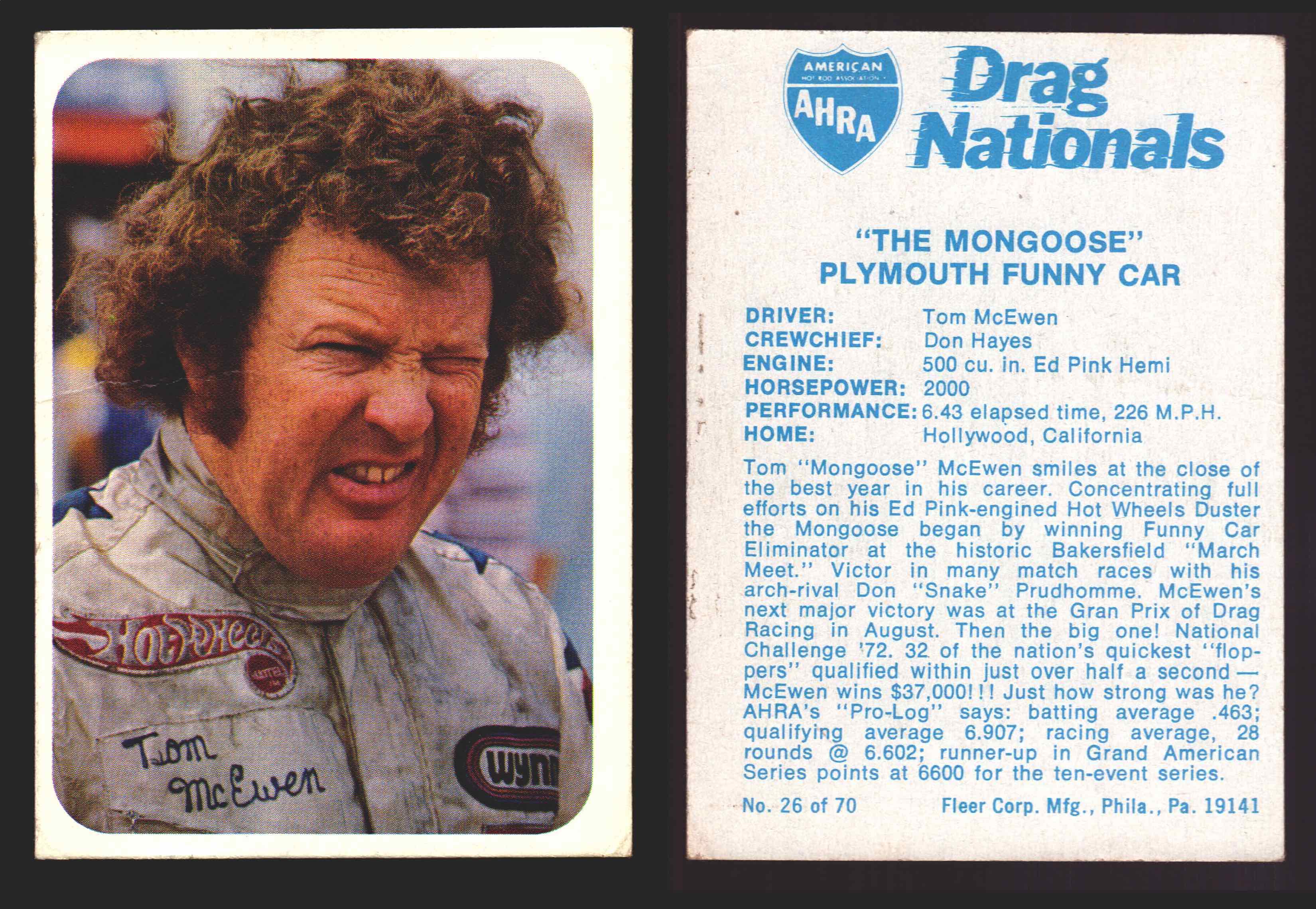 AHRA Drag Nationals 1971 Fleer USA White Trading Cards You Pick