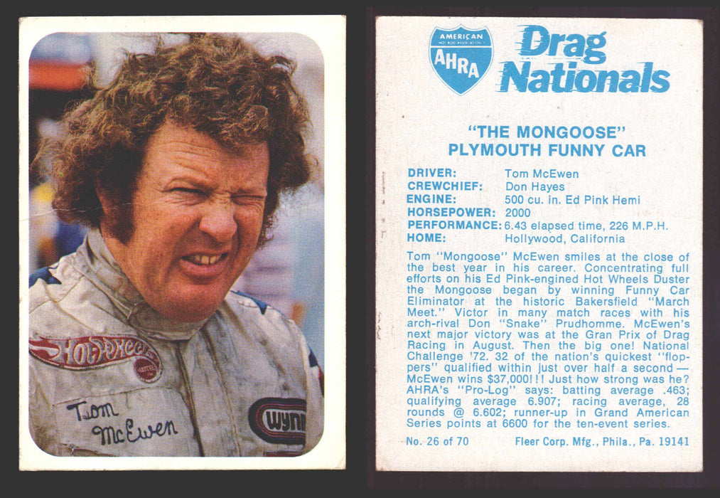 AHRA Drag Nationals 1971 Fleer USA White Trading Cards You Pick Singles #1-70 26 of 70   "The Mongoose"                  Plymouth Funny Car (creased)  - TvMovieCards.com