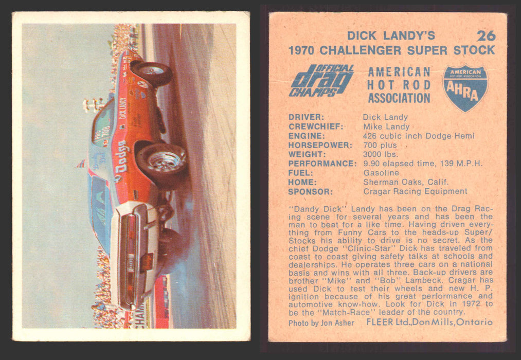 AHRA Official Drag Champs 1971 Fleer Canada Trading Cards You Pick Singles #1-63 26   Dick Landy's                                     1970 Challenger Super Stock (creased)  - TvMovieCards.com
