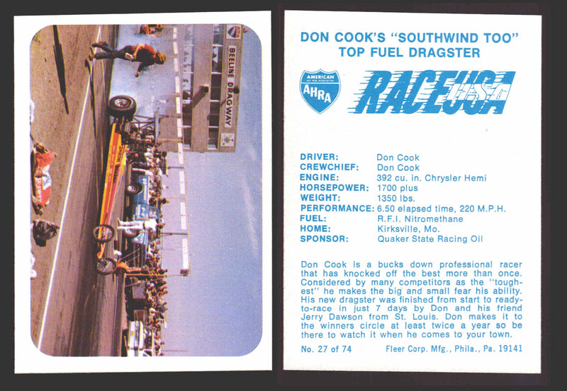 Race USA AHRA Drag Champs 1973 Fleer Vintage Trading Cards You Pick Singles 27 of 74   Don Cook's "Southwind Too"  - TvMovieCards.com
