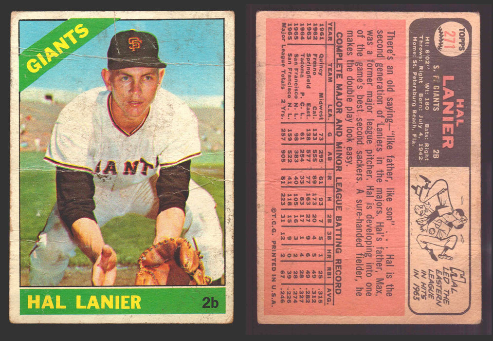 1966 Topps Baseball Trading Card You Pick Singles #100-#399 VG/EX #	271 Hal Lanier - San Francisco Giants (creased)  - TvMovieCards.com