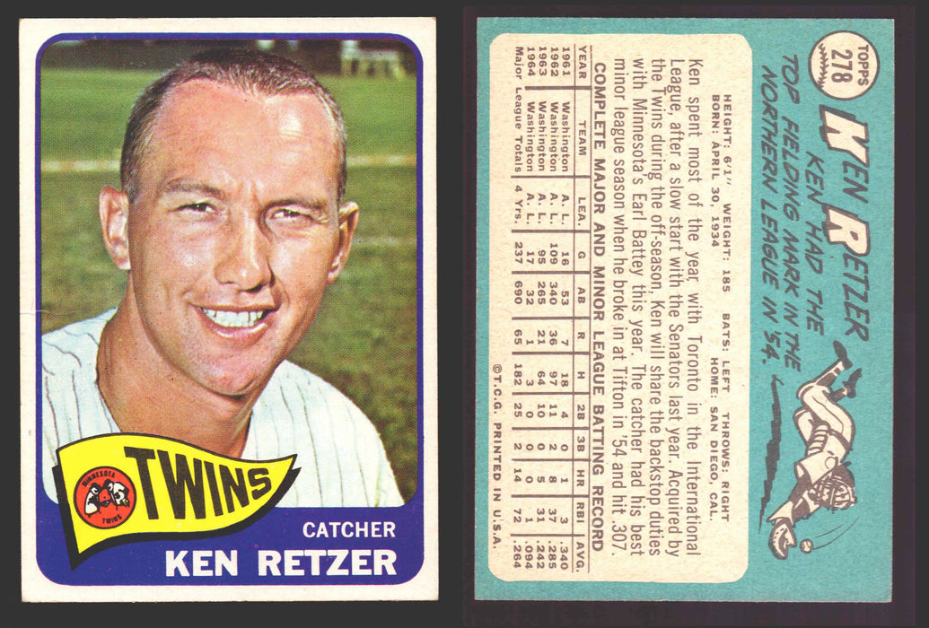 1965 Topps Baseball Trading Card You Pick Singles #200-#299 VG/EX #	278 Ken Retzer - Minnesota Twins  - TvMovieCards.com