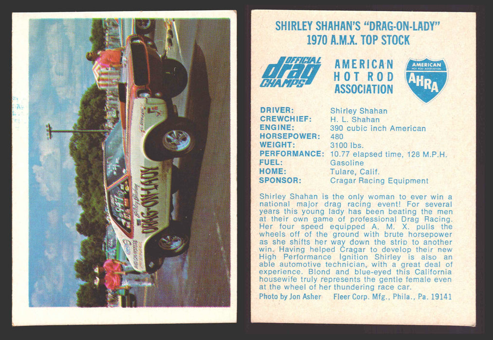 AHRA Official Drag Champs 1971 Fleer Vintage Trading Cards You Pick Singles #1-63 27   Shirley Shahan's "Drag-On-Lady"                  1970 A.M.X. Top Stock  - TvMovieCards.com