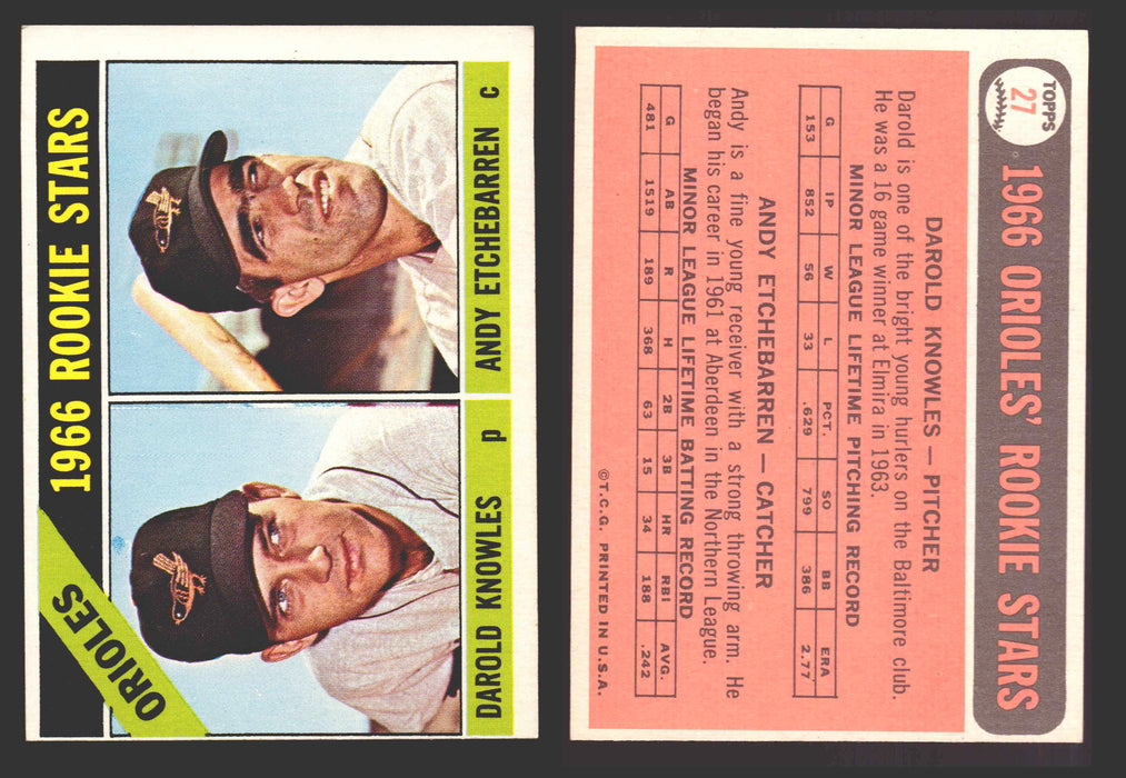 1966 Topps Baseball Trading Card You Pick Singles #1-#99 VG/EX #	27 Orioles Rookies - Darold Knowles / Andy Etchebarren RC  - TvMovieCards.com