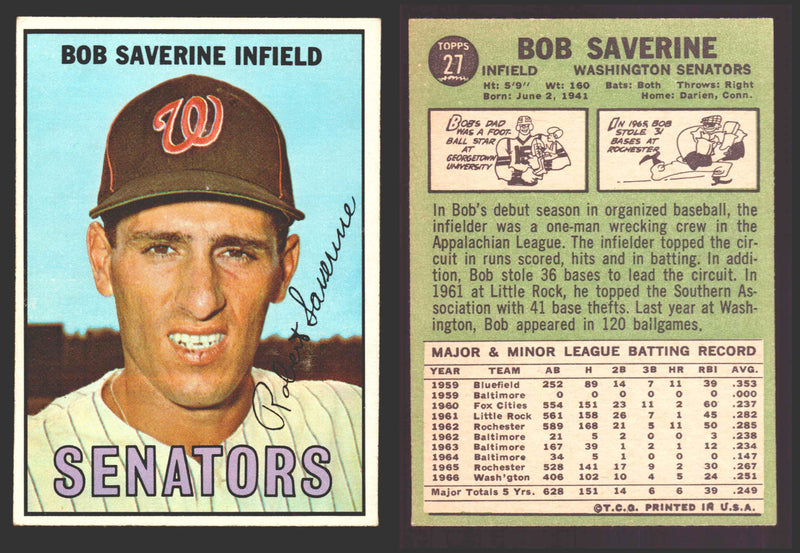 1967 Topps Baseball Trading Card You Pick Singles #1-#99 VG/EX #	27 Bob Saverine - Washington Senators  - TvMovieCards.com