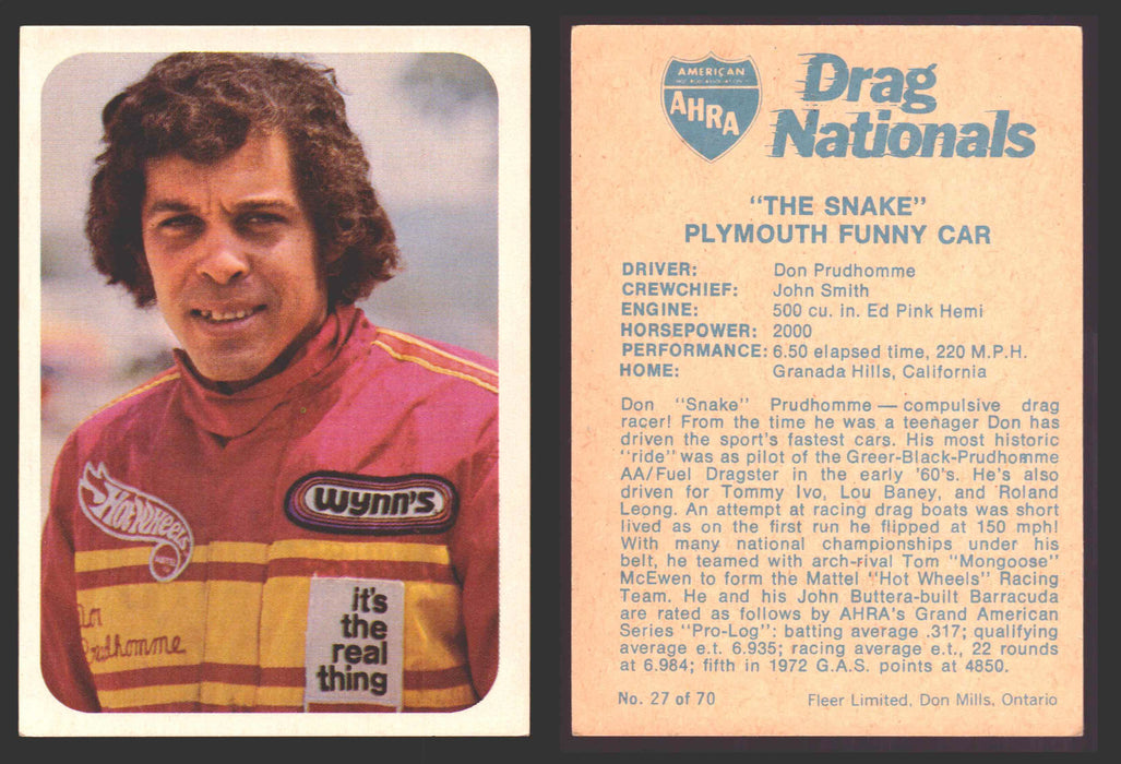 AHRA Drag Nationals 1971 Fleer Canada Trading Cards You Pick Singles #1-70 27 of 70   "The Snake"                     Plymouth Funny Car  - TvMovieCards.com