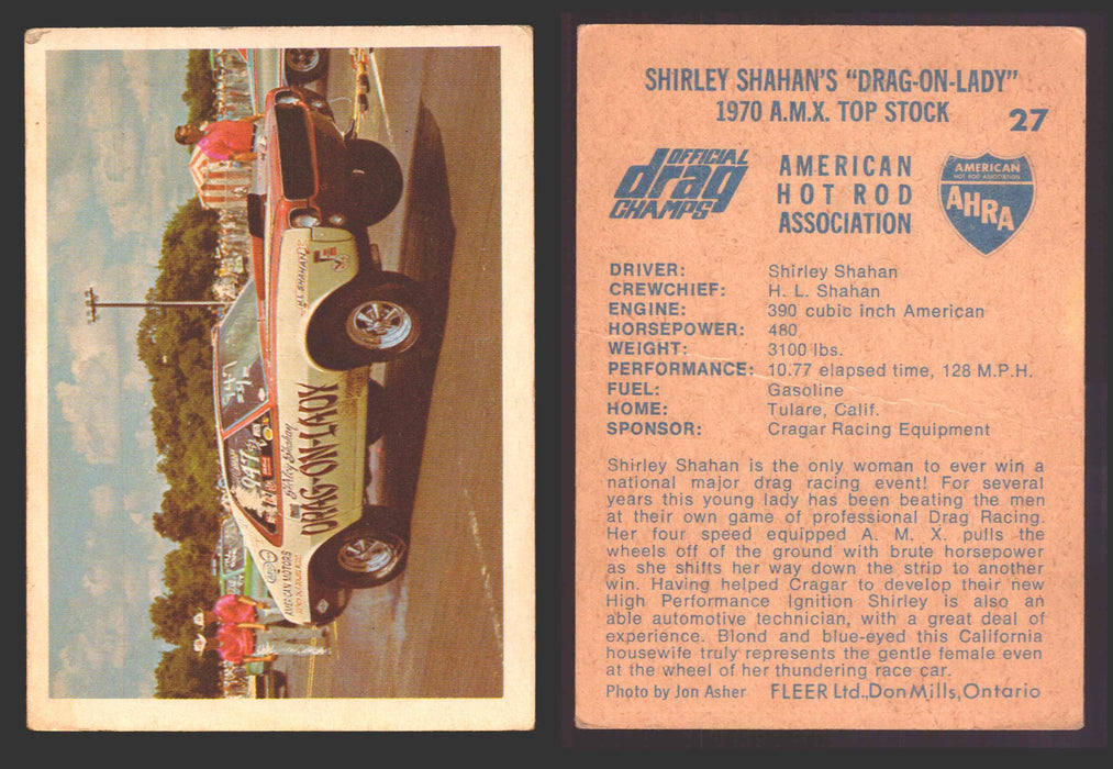 AHRA Official Drag Champs 1971 Fleer Canada Trading Cards You Pick Singles #1-63 27   Shirley Shahan's "Drag-On-Lady"                  1970 A.M.X. Top Stock (creased)  - TvMovieCards.com