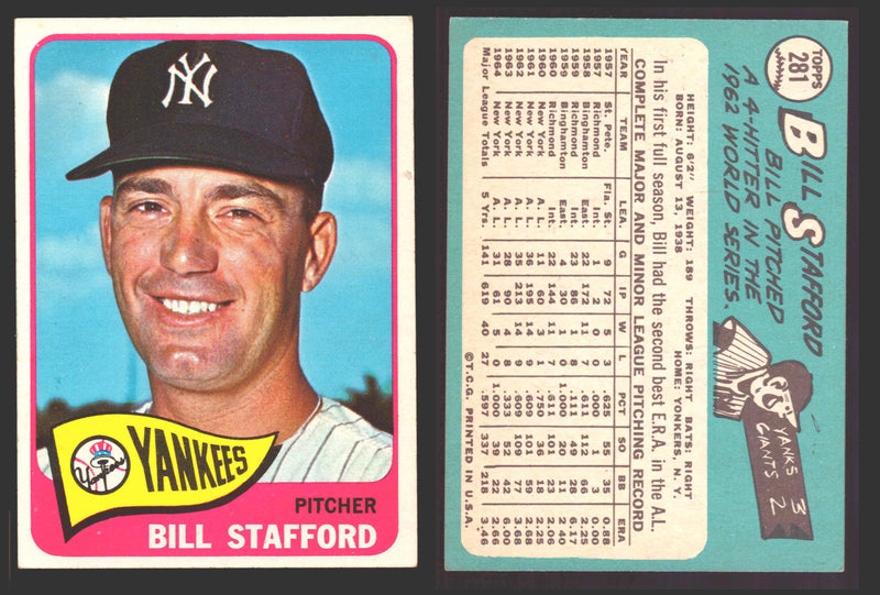 1965 Topps Baseball Trading Card You Pick Singles #200-#299 VG/EX #	281 Bill Stafford - New York Yankees  - TvMovieCards.com