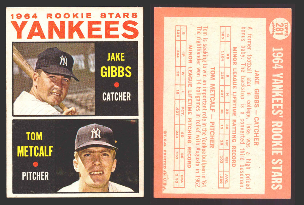 1964 Topps Baseball Trading Card You Pick Singles #200-#299 VG/EX #	281 Yankees Rookies - Jake Gibbs / Tom Metcalf RC  - TvMovieCards.com
