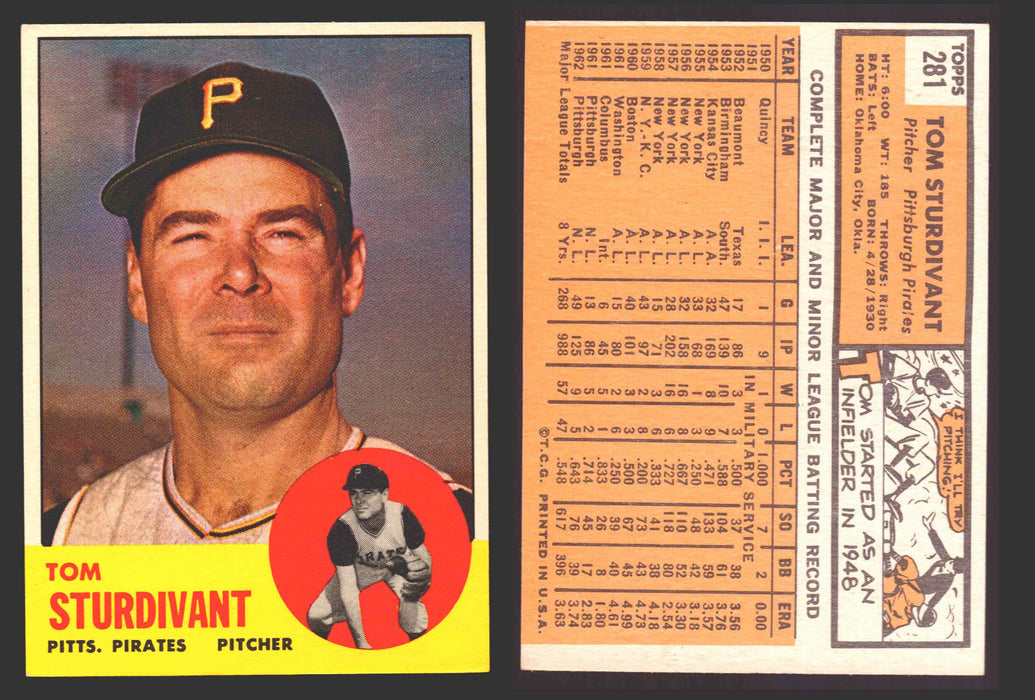 1963 Topps Baseball Trading Card You Pick Singles #200-#299 VG/EX #	281 Tom Sturdivant - Pittsburgh Pirates  - TvMovieCards.com