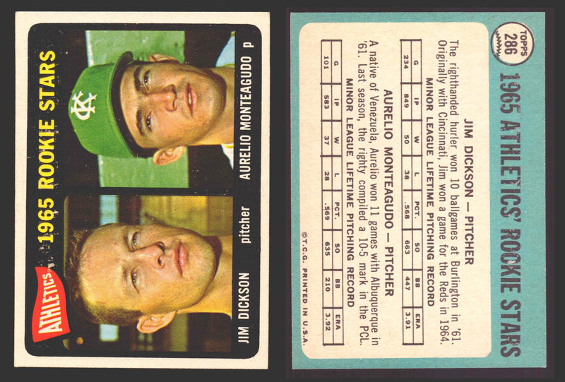 1965 Topps Baseball Trading Card You Pick Singles #200-#299 VG/EX #	286 Athletics Rookies - Jim Dickson / Aurelio Monteagudo RC  - TvMovieCards.com